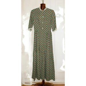 Handmade 70s Prairie Green Floral Cottagecore Farm Dress Lace Trim Button